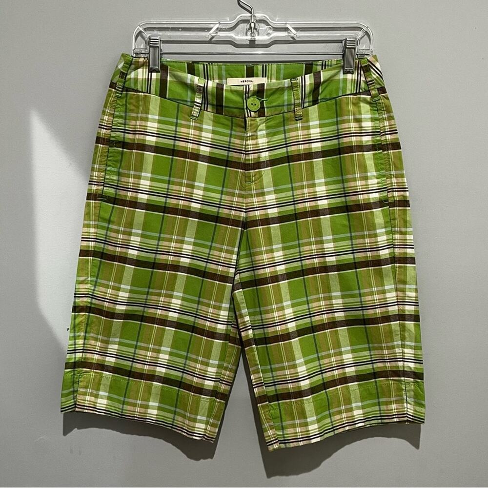 NEW Merona Cotton Plaid Longline Mid Rise Preppy Bermuda Walking Shorts Green 4